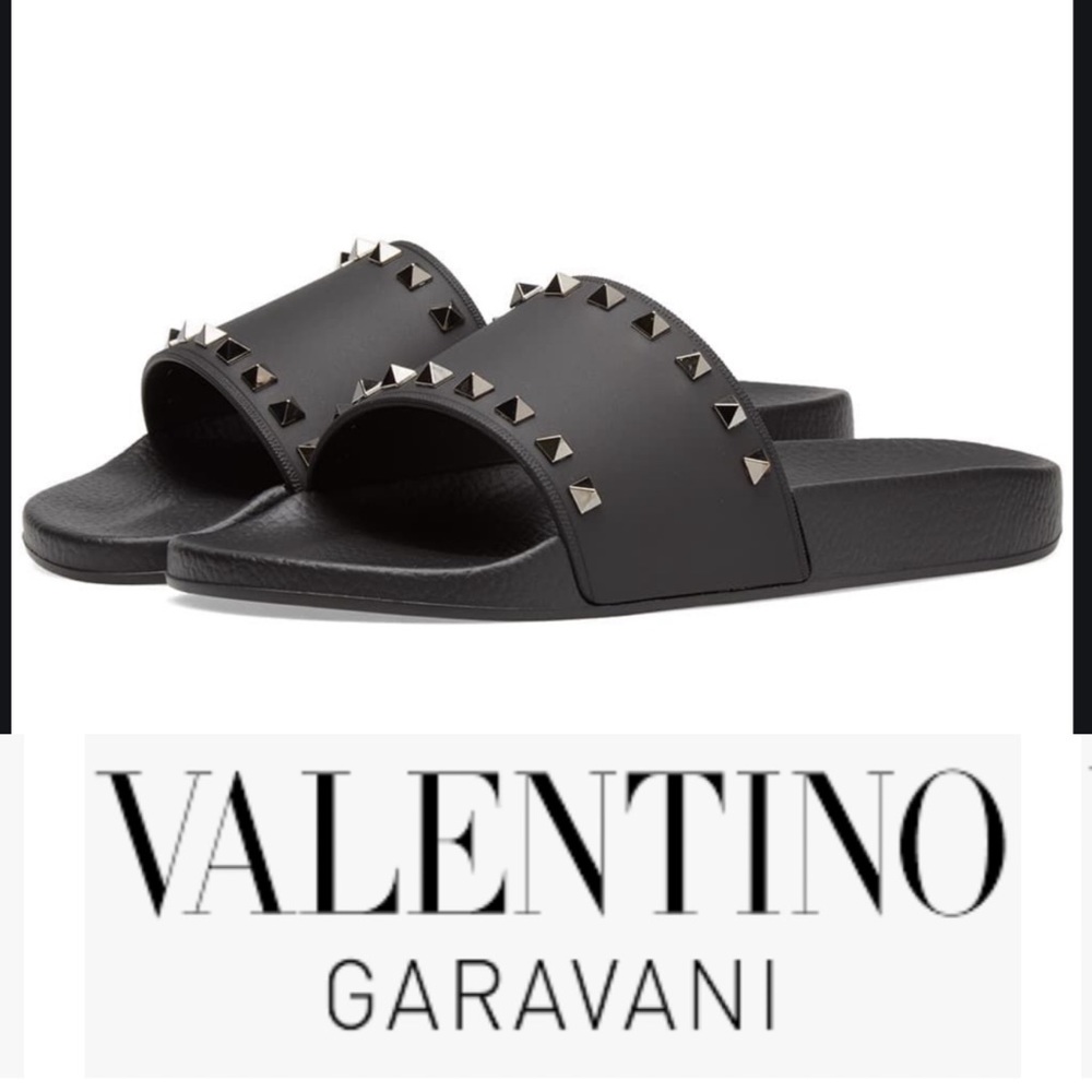 VALENTINO Black Rockstud Rubber Slides Sandals